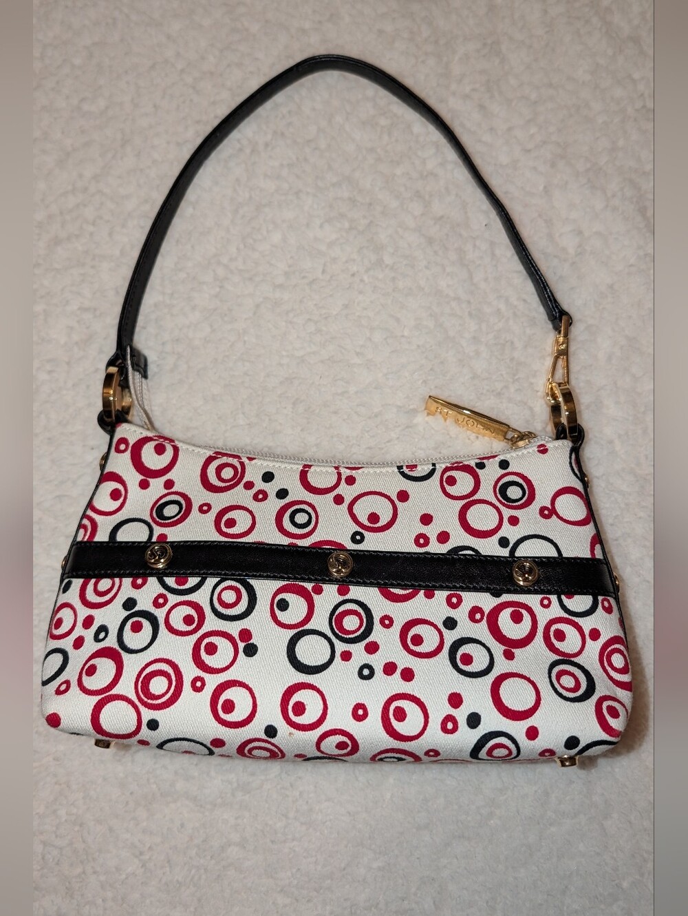 St. John Shoulder Bag Baguette Canvas Leather Red Black White With Dust Bag EUC